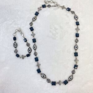 Lucky Brand Dark Blue Semi-Precious Stone Silver Tone Necklace & Bracelet Set